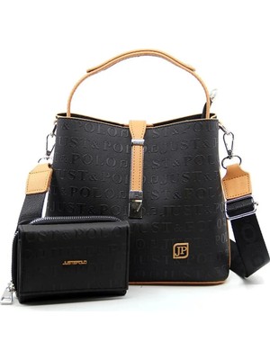 Just Polo Kadın Siyah Camel Orta Boy 3 Bölmeli Omuz Çantası ve Cüzdanı Kombin MH4002MH