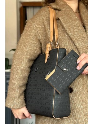 Just Polo Kadın Siyah Taba Büyük Boy El Çantası ve Cüzdanı Kombin 31 x 32 cm