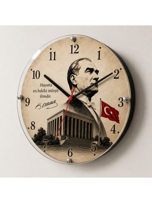 Atatürk ve Türk Bayrağı Temalı 28 cm Dekoratif Duvar Saati Ev Ofis Okul Duvar Saati