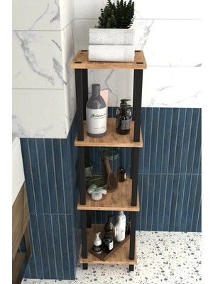 Remaks Viva 4 Katlı Çok Amaçlı Banyo Rafı Metal Ayaklı Organizer- Meşe