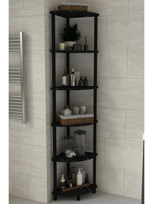 Remaks Decoline Banyo Rafı 6 Katlı Moblen Modern Organizer Depolama Ünitesi-Siyah Mermer Desen