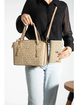 Just Polo Kadın Gri Camel Büyük Boy 5 Bölmeli Omuz Çantası ve Cüzdanı Kombin 234030MH