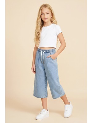 Modanino Kız Çocuk Beli Lastikli ve Kordonlu Kapri Jean Pantolon 5-15 Yaş 12719SK