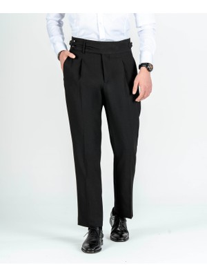 Italyan Stil Slim Fit Bel Detaylı Erkek Pantolon Siyah T14826