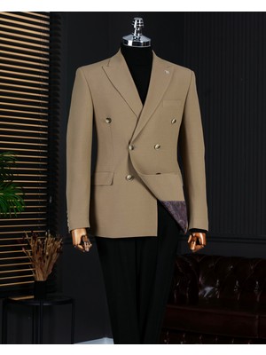 Italyan Stil Slim Fit Kruvaze Sivri Yaka Erkek Ceket Haki T13650