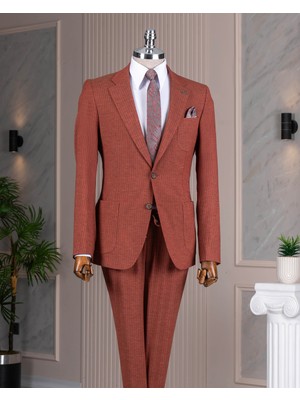 Italyan Stil Slim Fit Çizgili Erkek Ceket Pantolon Takım Elbise Kiremit T12914