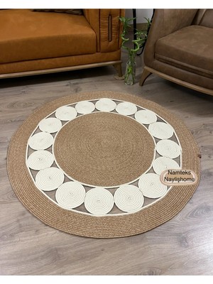 Namteks Jüt Hasır Bej Kahverengi Papatya Desenli Salon Mutfak Kilim Paspas Çeyizlik Hediyelik