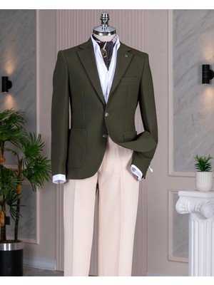 Italyan Stil Slim Fit Mono Yaka Erkek Tek Ceket Haki T14806