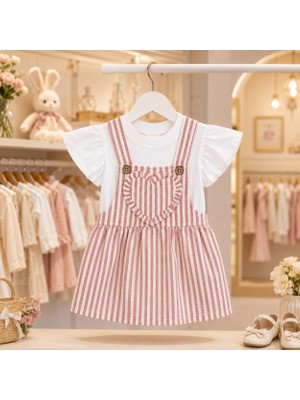 Tace Kids Tace Kıds Kız Çocuk Pembe Çizgili Kalp Detaylı Salopet Elbise ve Beyaz Tişört Takımı