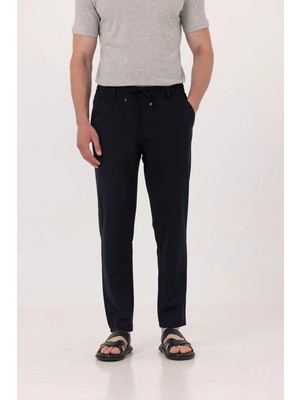 Sabri Özel Lacivert Dokulu Arka Lastikli Köprü Kemerli Bağcıklı Slim Fit Jogger Pantolon