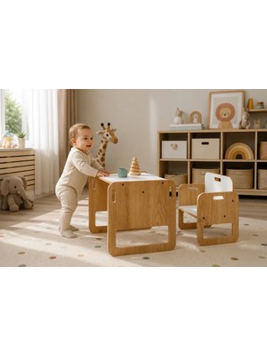 Minera Serçe Model 0-18 Ay Yenidoğan Ahşap Montessori Aktivite Masa ve Sandalye Seti (1 Masa + 1 Sandalye)