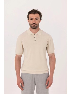 Sabri Özel Bej Regular Fit Göğüs Nakış Detaylı Polo Yaka Triko T-shirt
