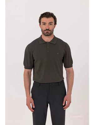 Sabri Özel Koyu Yeşil Regular Fit Göğüs Nakış Detaylı Polo Yaka Triko T-shirt