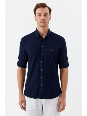 Sabri Özel Lacivert %100 Pamuk Uzun Kollu Slim Fit Düğmeli Yaka Gömlek