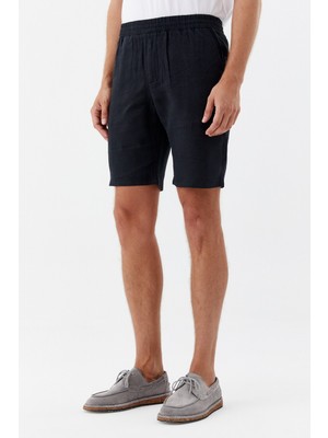 Sabri Özel Siyah %100 Keten Regular Fit Beli Lastikli Bermuda Şort