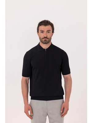 Sabri Özel Siyah Reglan Fermuarlı Polo Yaka Triko T-shırt