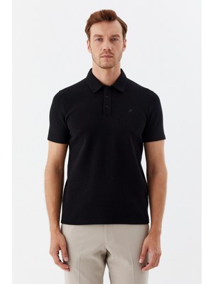 Sabri Özel Siyah Piti Kare Desenli Pamuklu Polo Yaka T-shirt