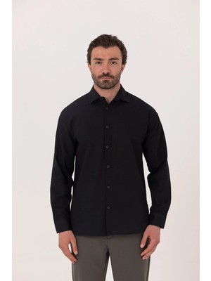 Sabri Özel Siyah Regular Fit Keten Görünümlü %100 Pamuk Gömlek