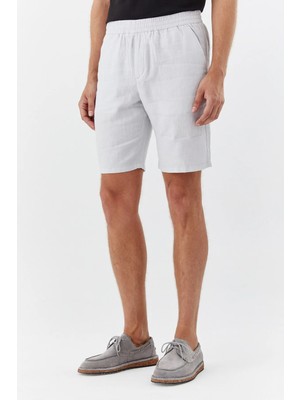 Sabri Özel Açık Gri %100 Keten Regular Fit Beli Lastikli Bermuda Şort