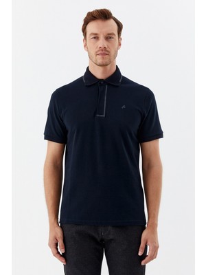 Sabri Özel Lacivert %100 Pamuk Gizli Fermuarlı Polo Yaka T-shirt
