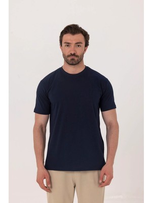 Sabri Özel Lacivert %100 Pamuk Bisiklet Yaka Düz Renk Basic T-Shirt