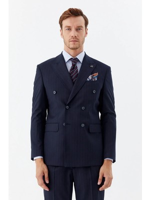 Sabri Özel Lacivert Slim Fit Yünlü Dokuma 6 Drop Takım Elbise