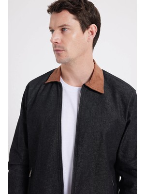 Tudors Erkek Regular Fit Rahat Kesim Kadife Yaka Fermuarlı Denim Siyah Ceket Gömlek