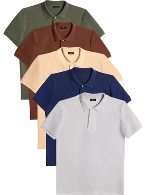 Tudors Erkek 5'li Paket Kahverengi-Haki-Krem-Lacivert-Bordo-Gri Slim Fit Dar Kesim Pamuklu Düz Pike Polo Yaka Tişört