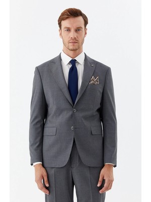 Sabri Özel Gri Slim Fit Yünlü Dokuma Normal Bel 6 Drop Takım Elbise
