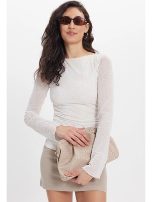 Tudors Kadın Slim Fit Dar Kesim Bisiklet Yaka Uzun Kollu Ekru Bluz