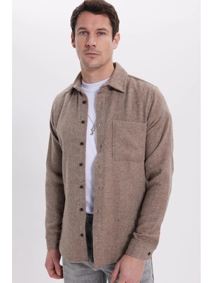Tudors Erkek Slim Fit Dar Kesim  Armürlü Oduncu Cepli Spor Yaka Kahverengi Gömlek