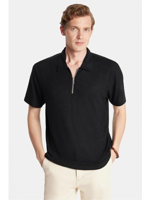 Tudors Erkek Slim Fit Dar Kesim Viskon Fermuarlı Polo Yaka Siyah Tişört