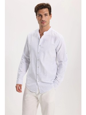 Tudors Erkek Slim Fit Dar Kesim Uzun Kollu %100 Pamuk Keten Doku Çizgili Hakim Yaka Gömlek