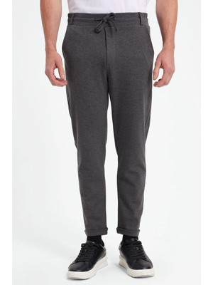 Tudors Erkek Slim Fit Pamuklu Beli Bağlamalı Yan Cepli Katlamalı Paça Jogger Gri Pantolon