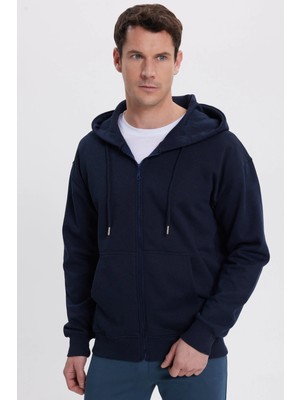 Tudors Erkek Relax Fit Rahat Kesim Pamuklu Tam Fermuarlı Kanguru Cepli Sırt Çantalı Lacivert Sweatshirt