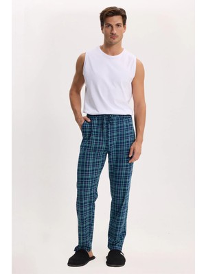 Tudors Erkek Standart Fit Normal Kesim Pamuklu Kareli Beli Bağcıklı Cepli Lacivert Pijama Altı