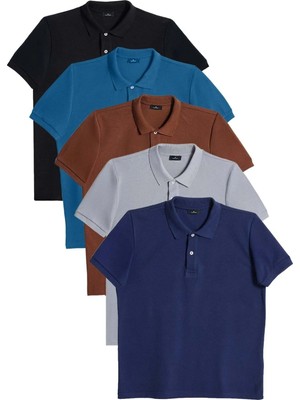 Tudors Erkek 5'li Paket Siyah-Kahverengi-Gri-Lacivert-Petrol Slim Fit Dar Kesim Pamuklu Düz Pike Polo Yaka