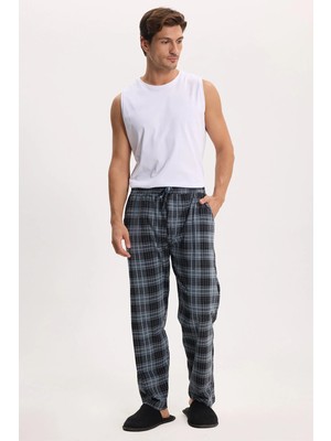Tudors Erkek Standart Fit Normal Kesim Pamuklu Kareli Beli Bağcıklı Cepli Gri Pijama Altı