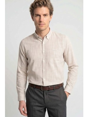Tudors Erkek Slim Fit Dar Kesim Uzun Kollu %100 Pamuk Keten Efektli Düğmeli Yaka Rahat Bej Gömlek