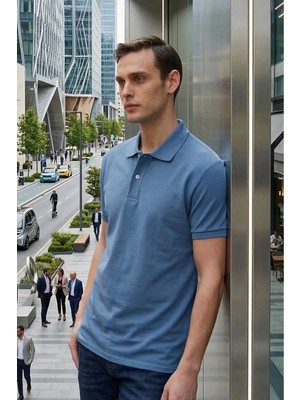 Tudors Erkek Slim Fit Dar Kesim Pamuklu Yumuşak Doku Nefes Alan Kumaş Kıvrılmaz Yaka Mavi Renk Polo Yaka