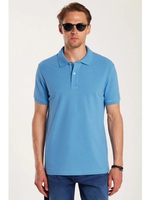 Tudors Erkek Slim Fit Dar Kesim Premium Seri %100 Pamuk Yumuşak Dokulu Merserize Mavi Polo Yaka Tişört