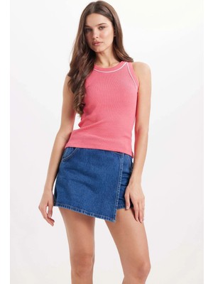 Tudors Kadın Slim Fit Dar Kesim Pamuklu Askılı Bisiklet Yaka Biyeli Pembe Crop Atlet