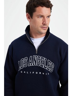 Tudors Erkek Relax Fit Rahat Kesim Pamuklu 3 İplik İçi Polarlı Yarım Fermuarlı Baskılı Lacivert Sweatshirt