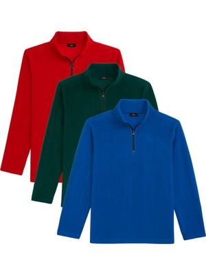 Tudors Unisex 3'lü Paket Mavi-Yeşil-Kırmızı Standart Fit Tüylenme Yapmayan Soğuk Geçirmez Polar Sweatshirt