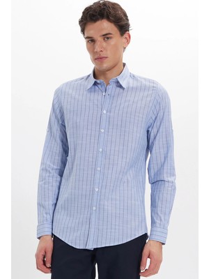 Tudors Erkek Slim Fit Dar Kesim Uzun Kollu %100 Pamuk Keten Doku Çizgili Gömlek