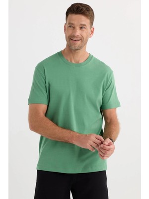 Tudors Unisex Relax Fit Rahat Kesim %100 Pamuk Yumuşak Dokulu Hafif Kalın Yeşil Bisiklet Yaka Tişört