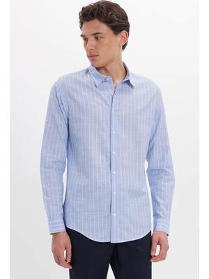 Tudors Erkek Slim Fit Dar Kesim Uzun Kollu %100 Pamuk Keten Doku Çizgili Gömlek