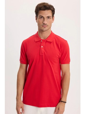 Tudors Erkek Slim Fit Dar Kesim %100 Pamuk Kısa Kollu Polo Yaka Kırmızı Tişört