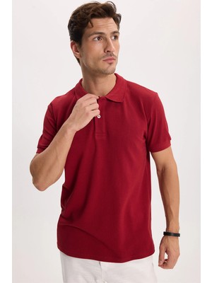 Tudors Erkek Slim Fit Dar Kesim %100 Pamuk Kısa Kollu Polo Yaka Bordo Tişört