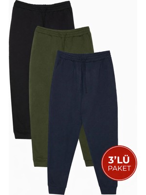 Tudors Erkek 3'lü Siyah-Lacivert-Haki Regular Fit Beli Bağcıklı Jogger Cepli Lastikli Paça Eşofman Altı